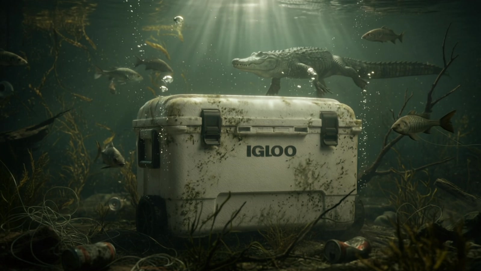 Igloo cooler submerged underwater with fish and an alligator