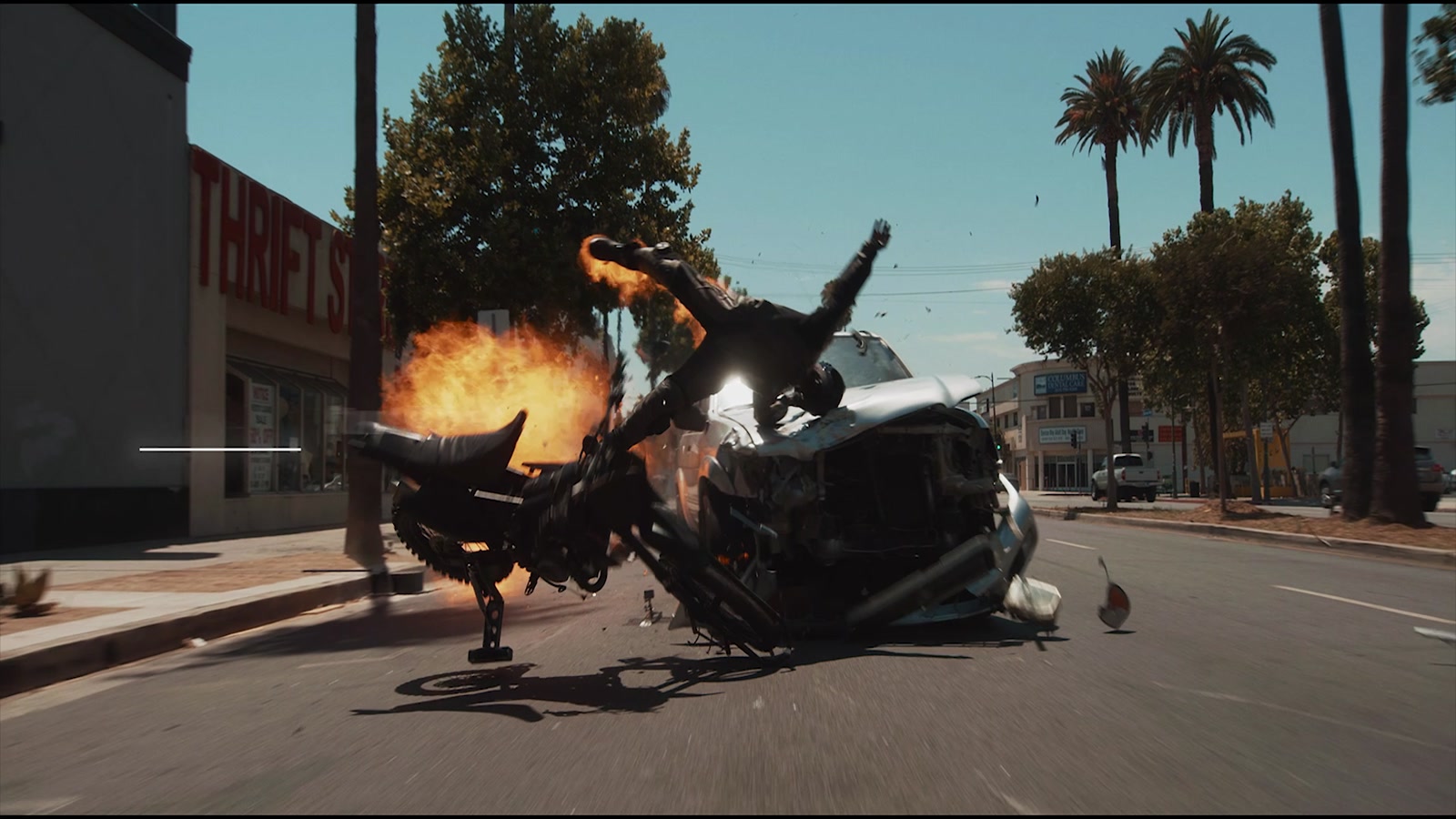 Explosive motorcycle stunt shot from Gavin Carlton’s VFX reel